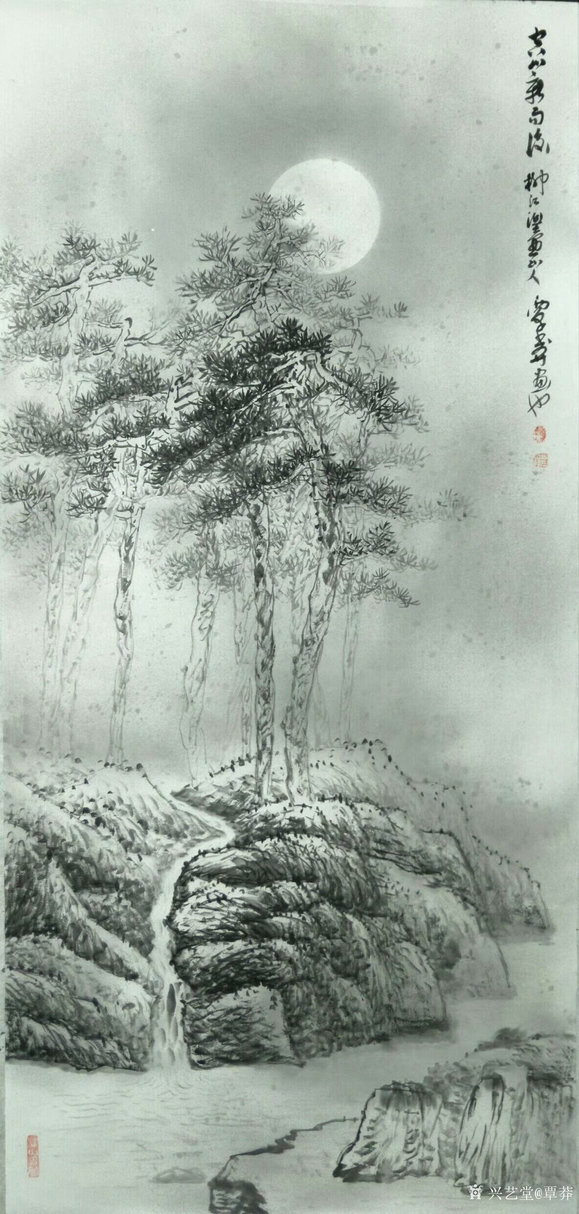 艺术家覃莽日记:朋友出题定制一一国画山水画《明月松间照,清泉石上流