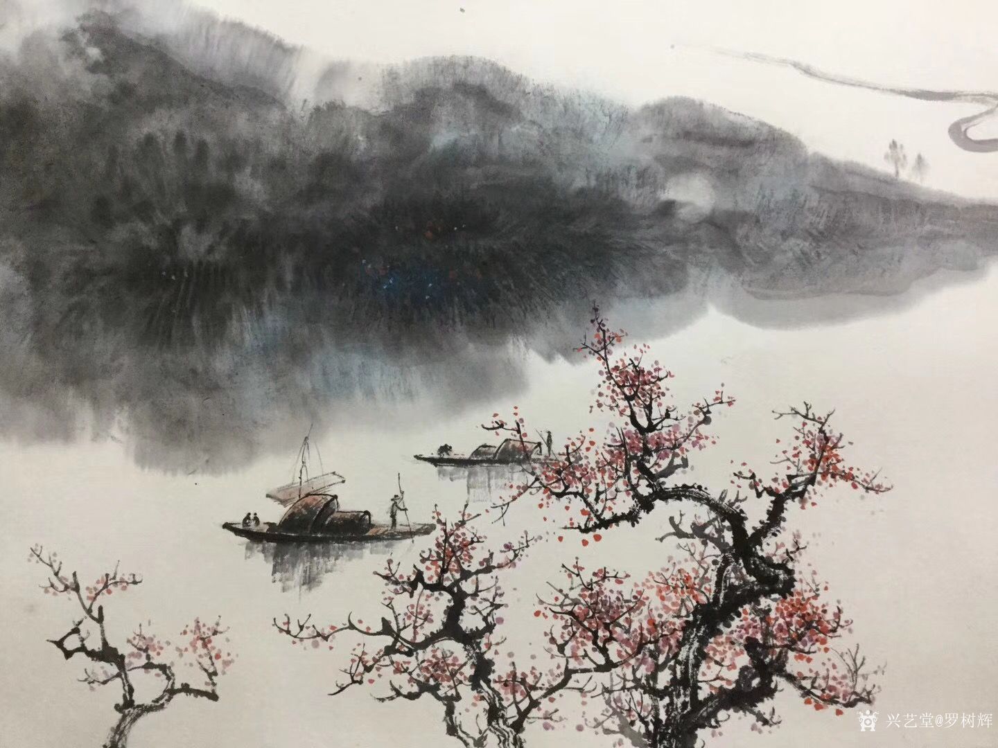 艺术家罗树辉日记:《乐道》,国画山水画,四尺斗方68x68cm,宁静的河水