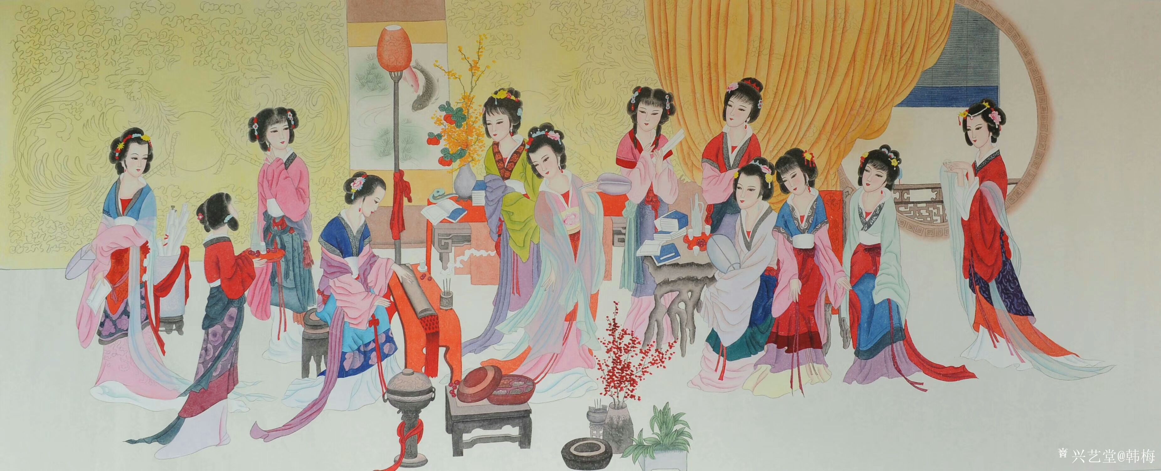 艺术家韩梅日记:工笔人物画《金陵十二金钗》,尺寸68x180cm,请欣赏,欢