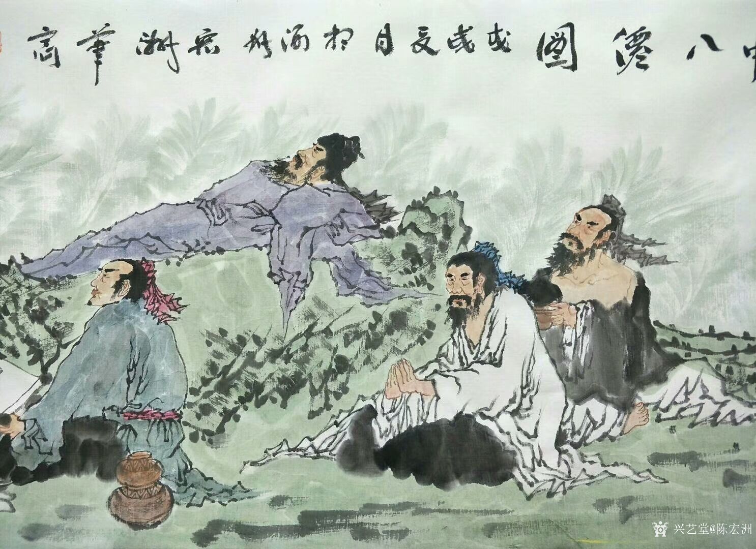 陈宏洲收藏-《饮中八仙图》国画人物画,江苏黄耀振书家雅正,拖的太久