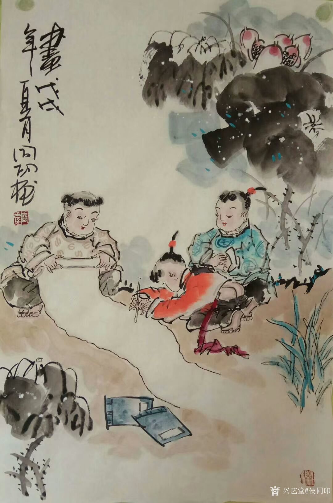 侯同印日记-国画人物画儿童系列作品《琴》《棋》《书》《画》,尺寸四