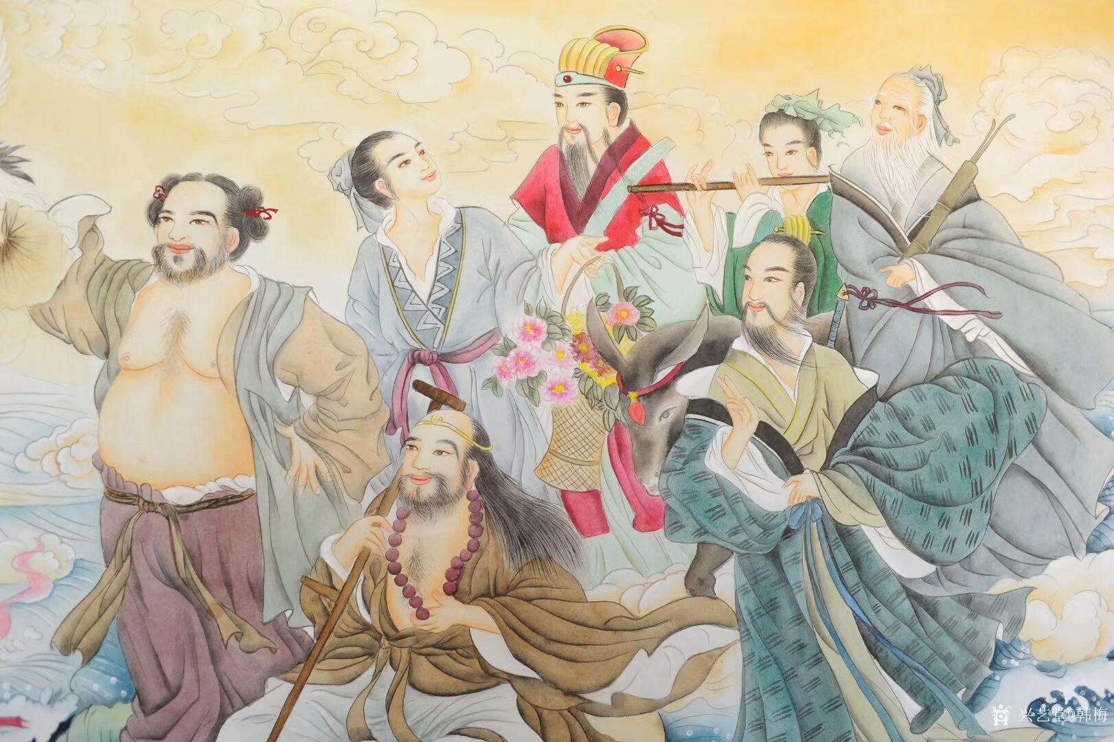 韩梅日记-新作工笔人物画《八仙过海》,尺寸98x180cm,请欣赏,手工绘制