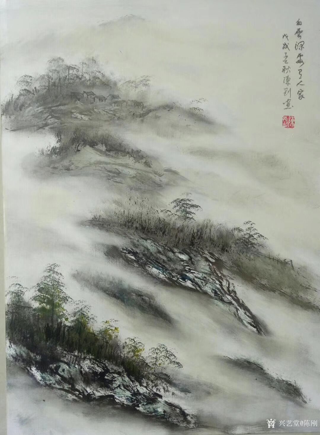 作品《茫茫云海鸟知秋《白云深处有人家,徐州画家在浙江永嘉古