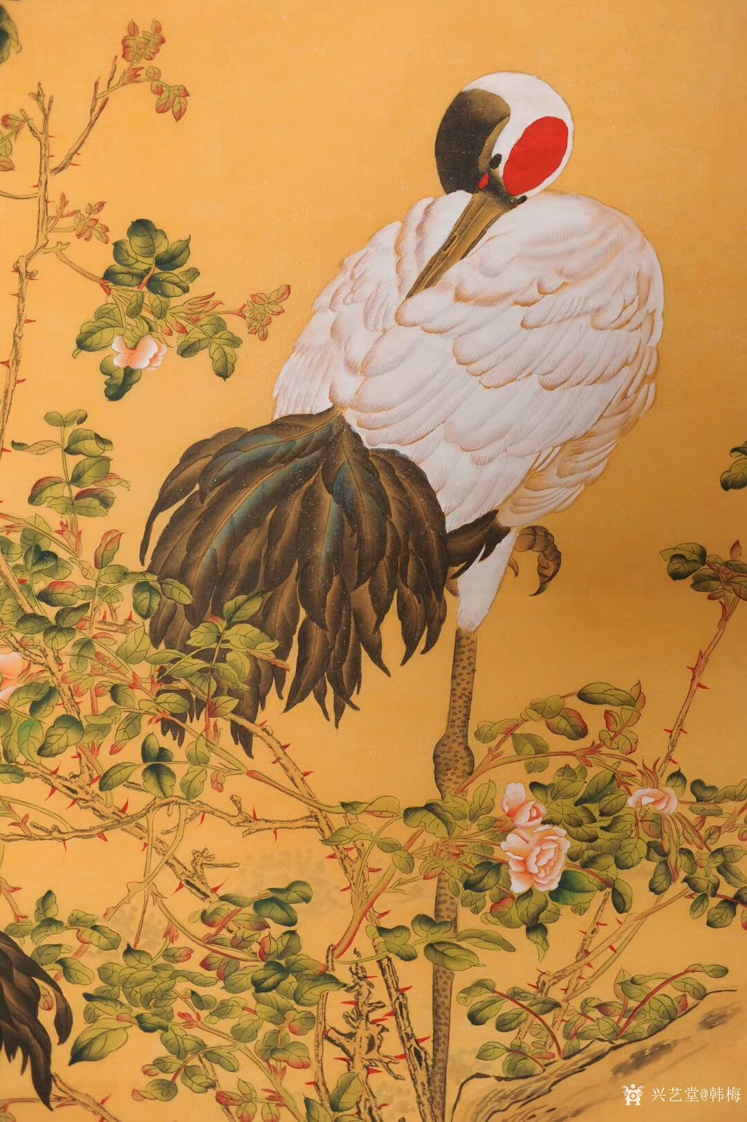 韩梅-国画花鸟仿古工笔画《鹤寿图》,尺寸四尺竖
