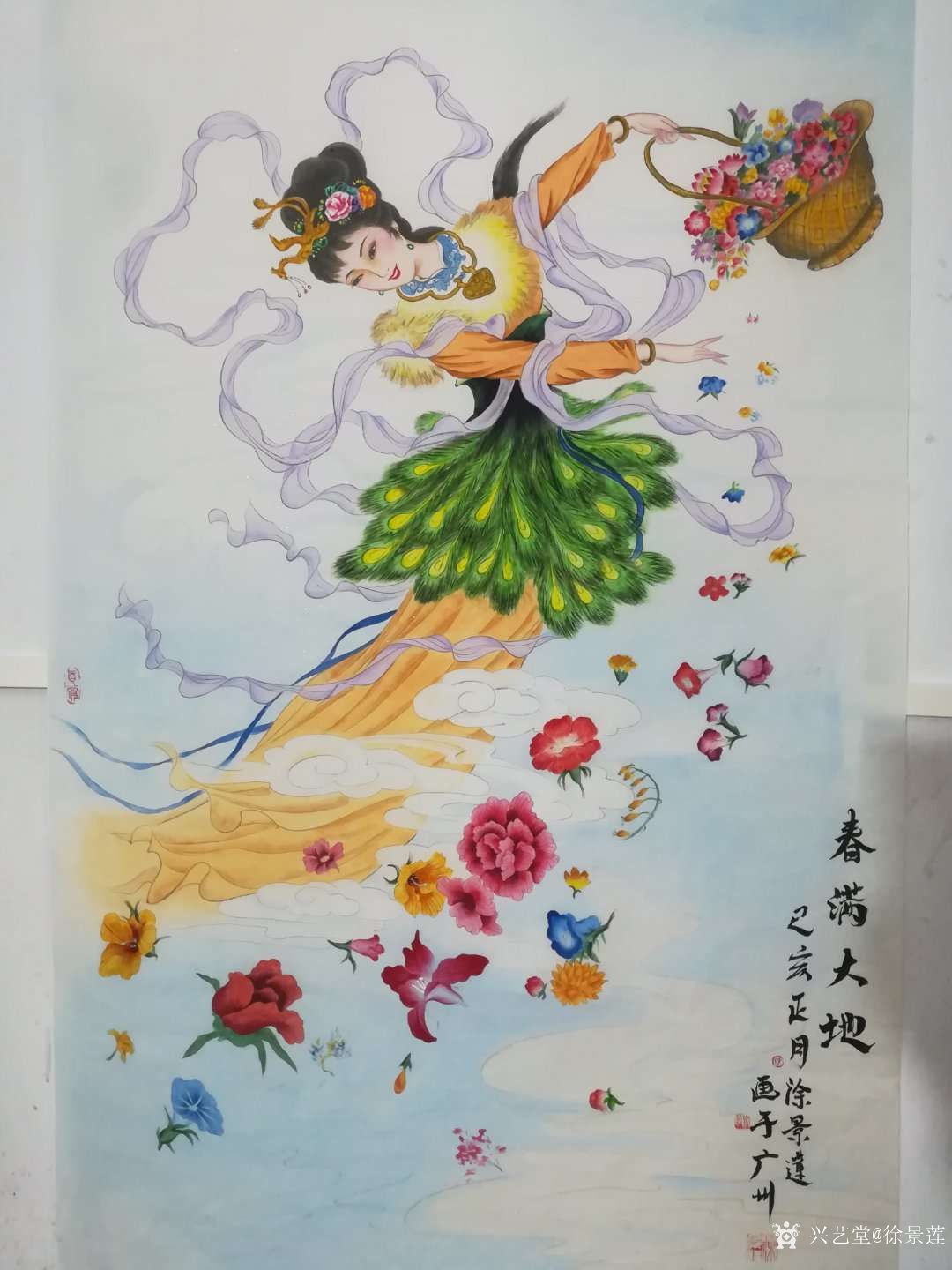 徐景莲日志-国画工笔人物画新作春满大地,描绘仙女散花,大地回春,乙亥