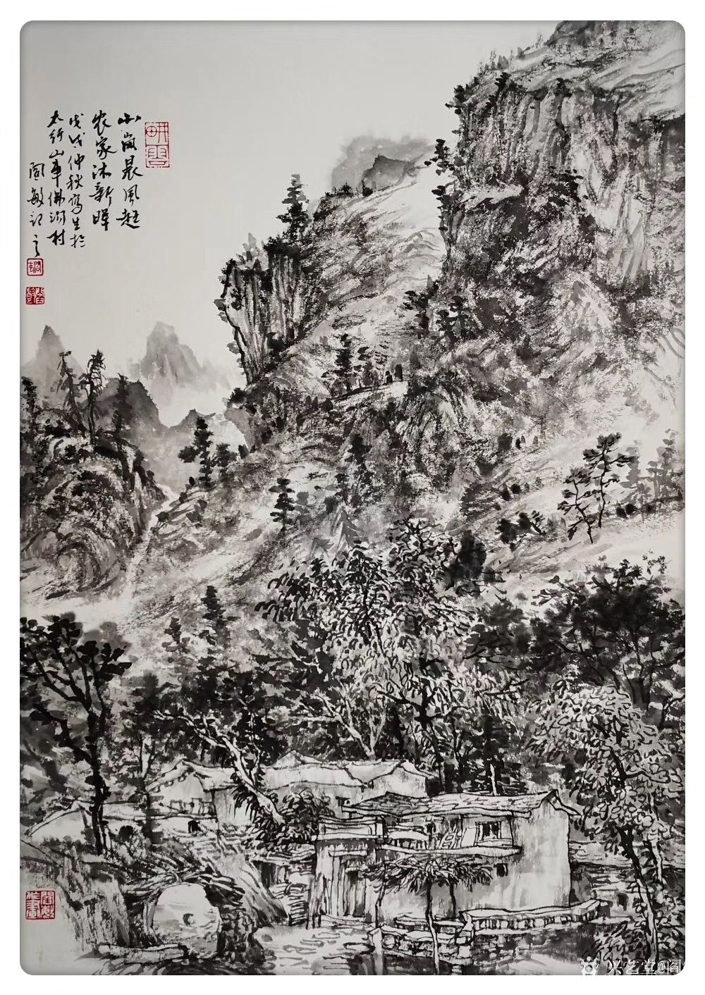 阎敏日记-国画山水画《山岚晨风起,农家浴新晖《溪山询路径,笔墨写