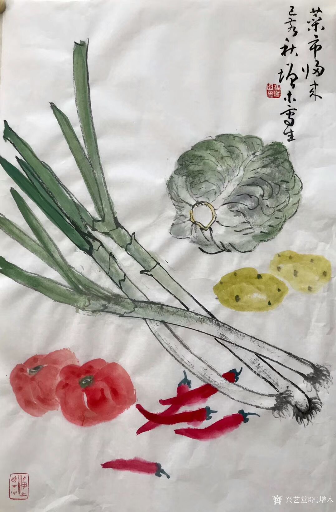 冯增木日记-蔬果写生作品《菜市归来》白菜,土豆,大葱,西红柿,辣椒