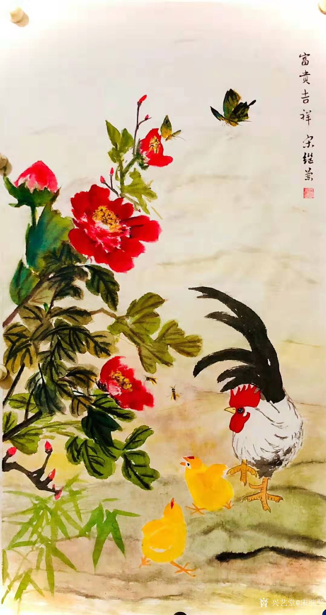 宋继兰日记-国画公鸡《吉利图》尺寸四尺竖幅168x38cm,乙亥年冬月新