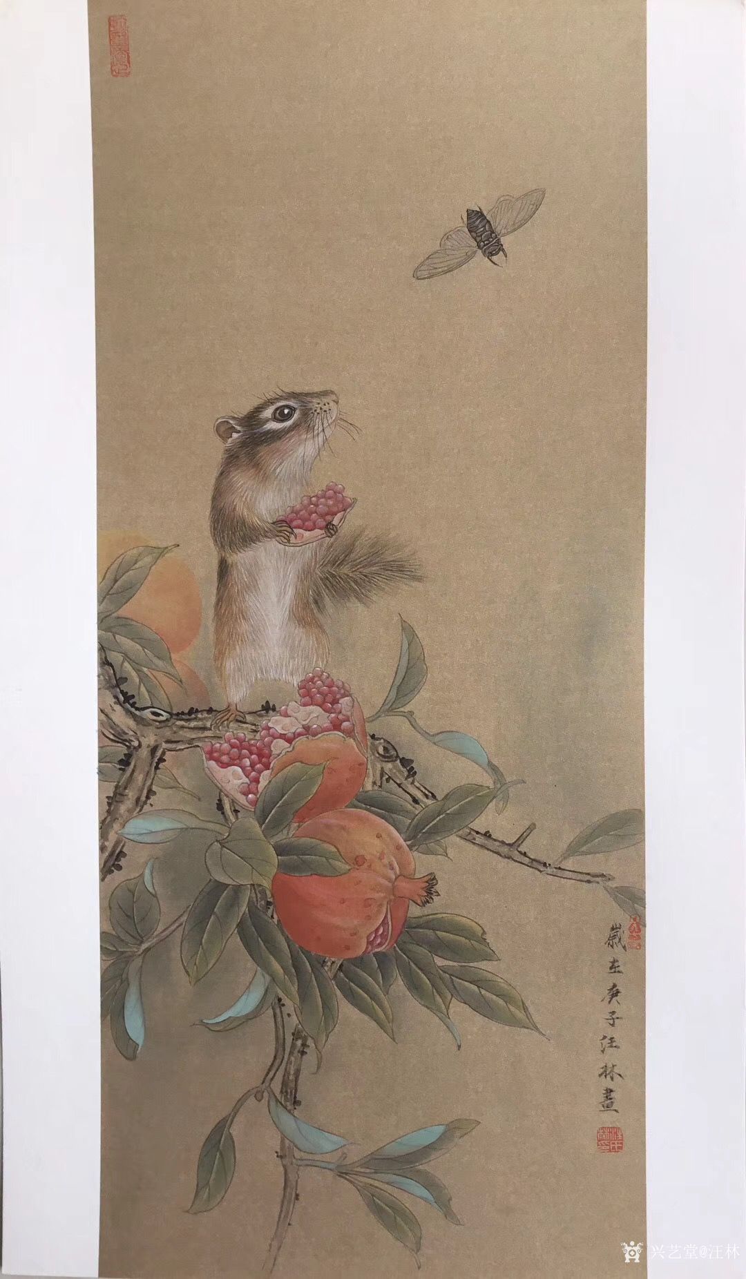 汪林日记-国画工笔画老鼠《多子多福图》尺寸65x38cm,老鼠多子,石榴也