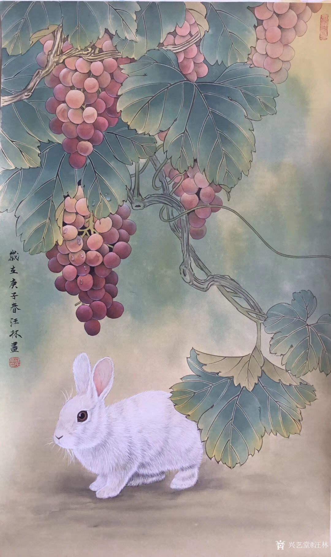 汪林日记-国画工笔画老鼠《多子多福图》尺寸65x38cm,老鼠多子,石榴也