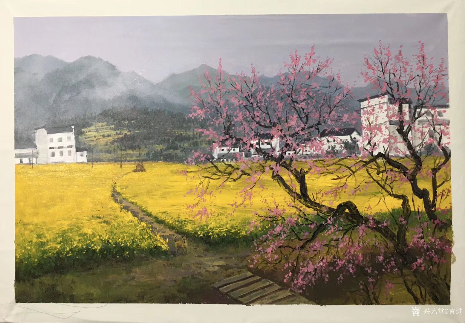 黄进日记-油画新作《春花烂漫时,描绘春天野外成片成片金黄的油菜花