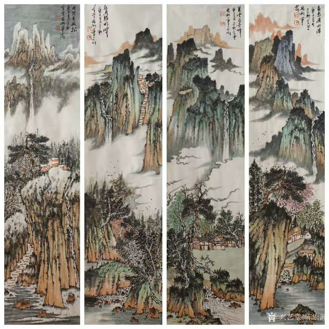 对话 国画山水画春夏秋冬四条屏《春水满四泽》《夏云多奇峰》《秋月