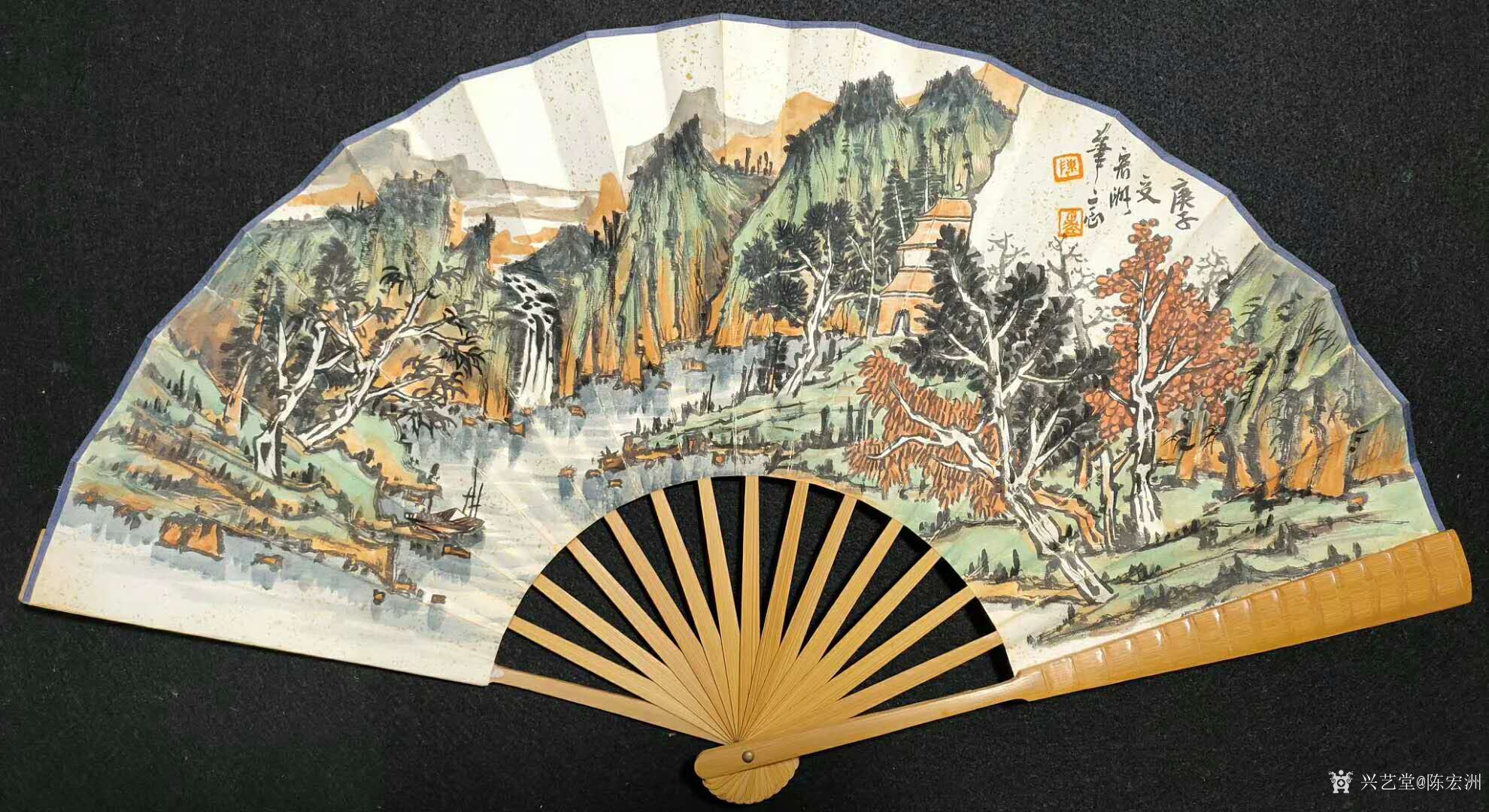 国画山水画扇面作品水阔山远幽居图