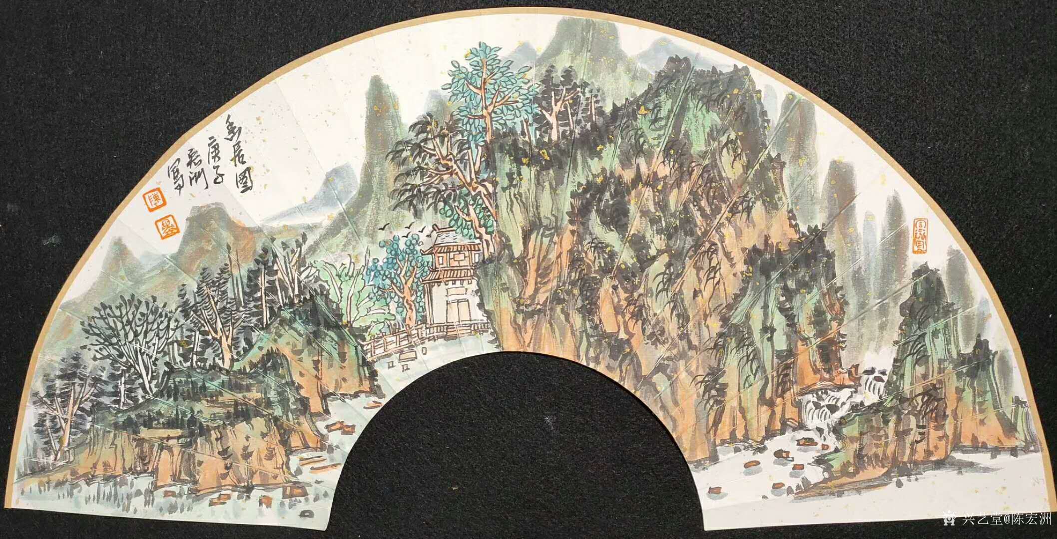 国画山水画扇面作品水阔山远幽居图