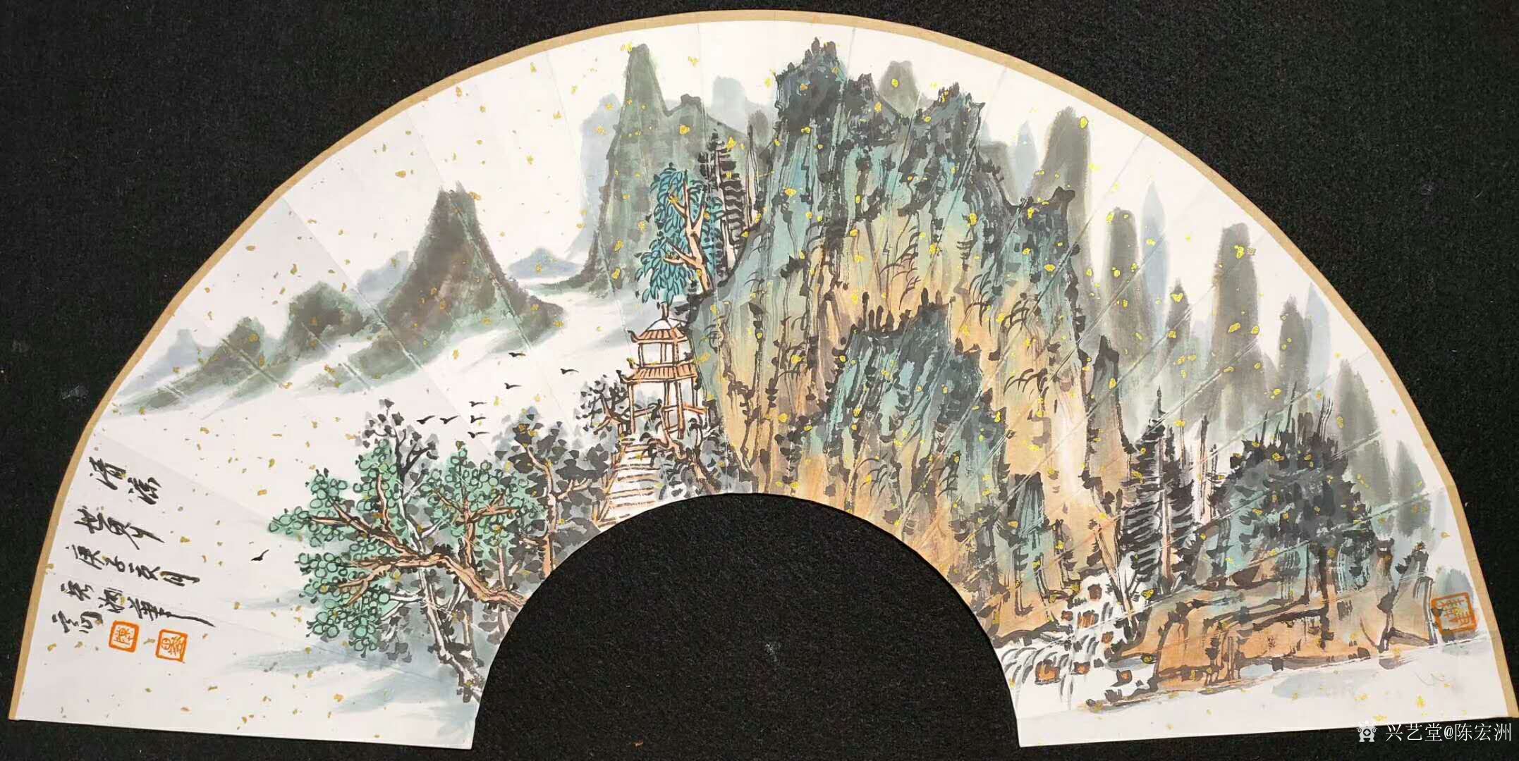 国画山水画扇面作品水阔山远幽居图