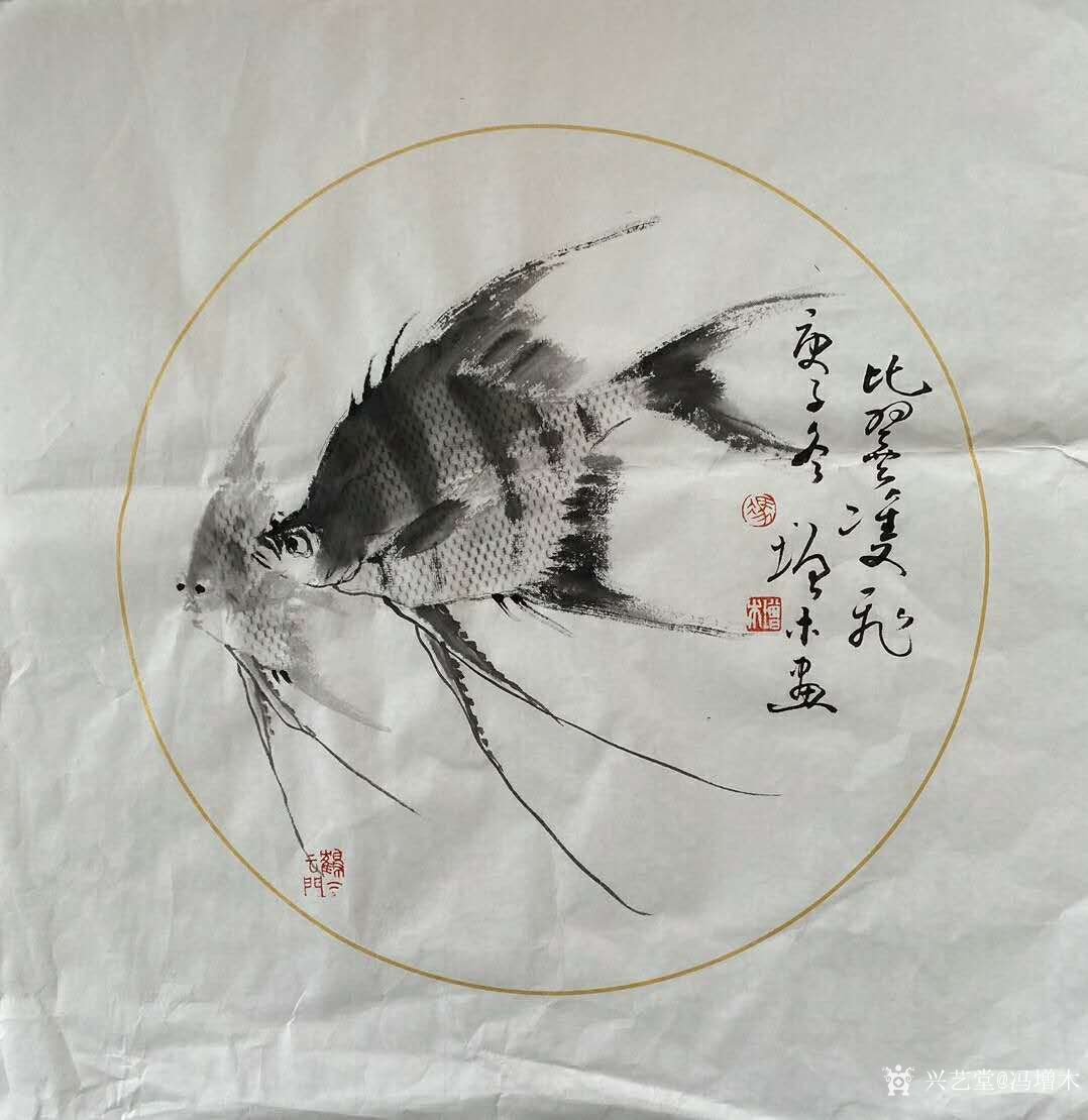 宣纸绘图国画鱼系列作品《海深任尔行《鱼乐天地《悠然自得》