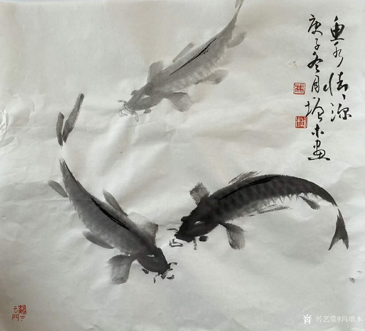 宣纸绘图国画鱼系列作品《海深任尔行《鱼乐天地《悠然自得》