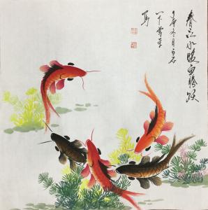 艺术品图片：艺术家李尊荣国画作品名称《春江水暖鱼腾越》议价