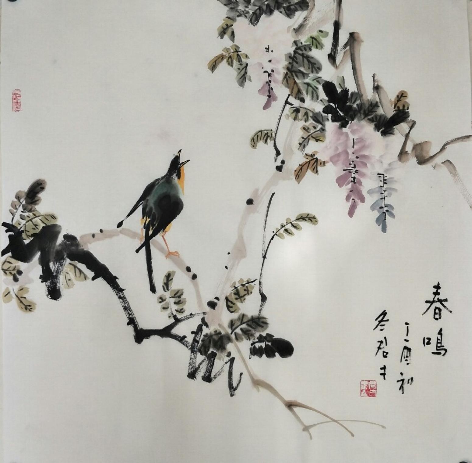 田君才国画作品《春鸣》