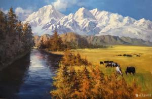 艺术品图片：艺术家黄进油画作品名称《雪山下2》议价
