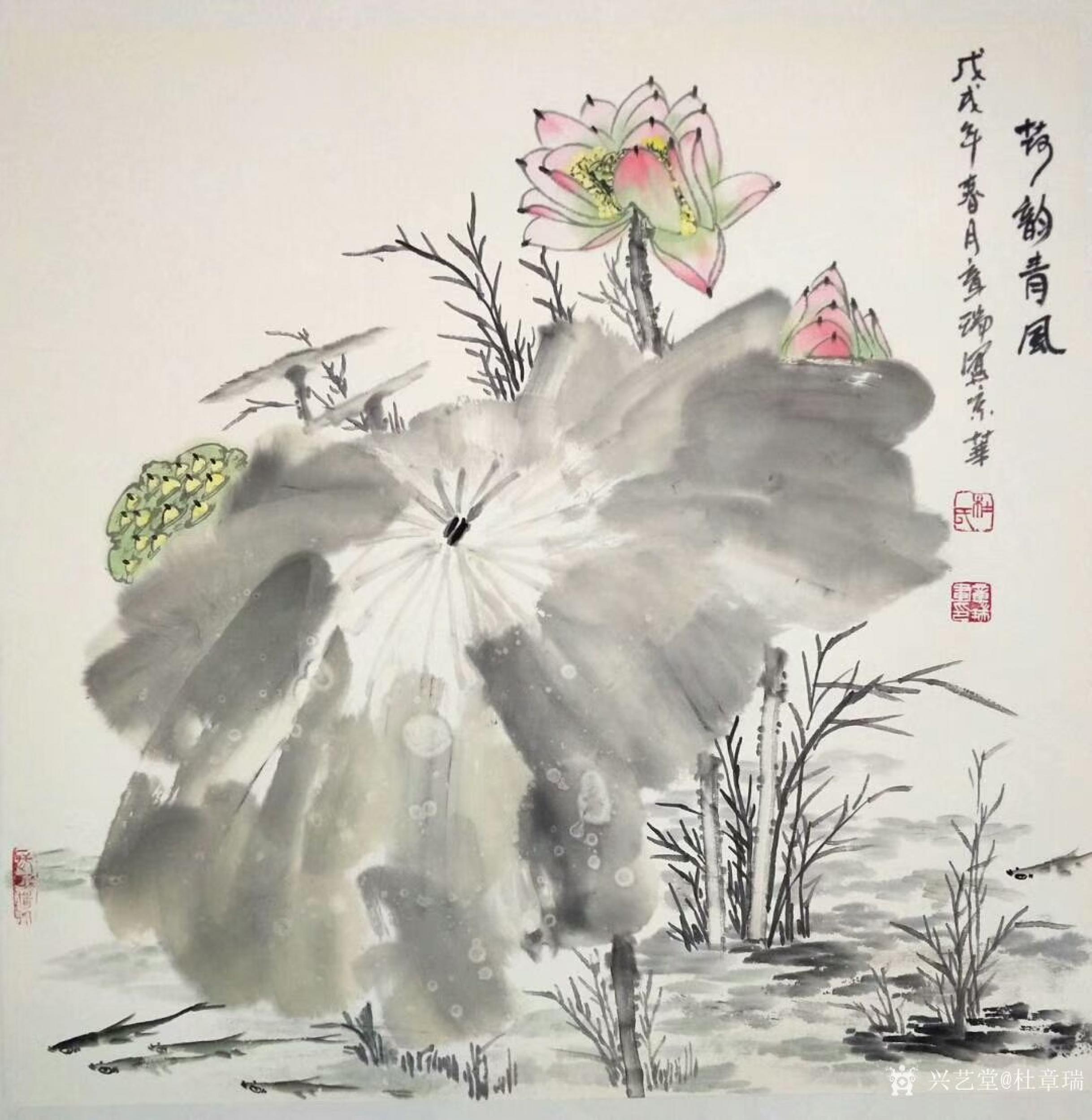 杜章瑞日志-《荷韵清风》《青莲荷韵》,国画花鸟画荷花,尺寸斗方60*60