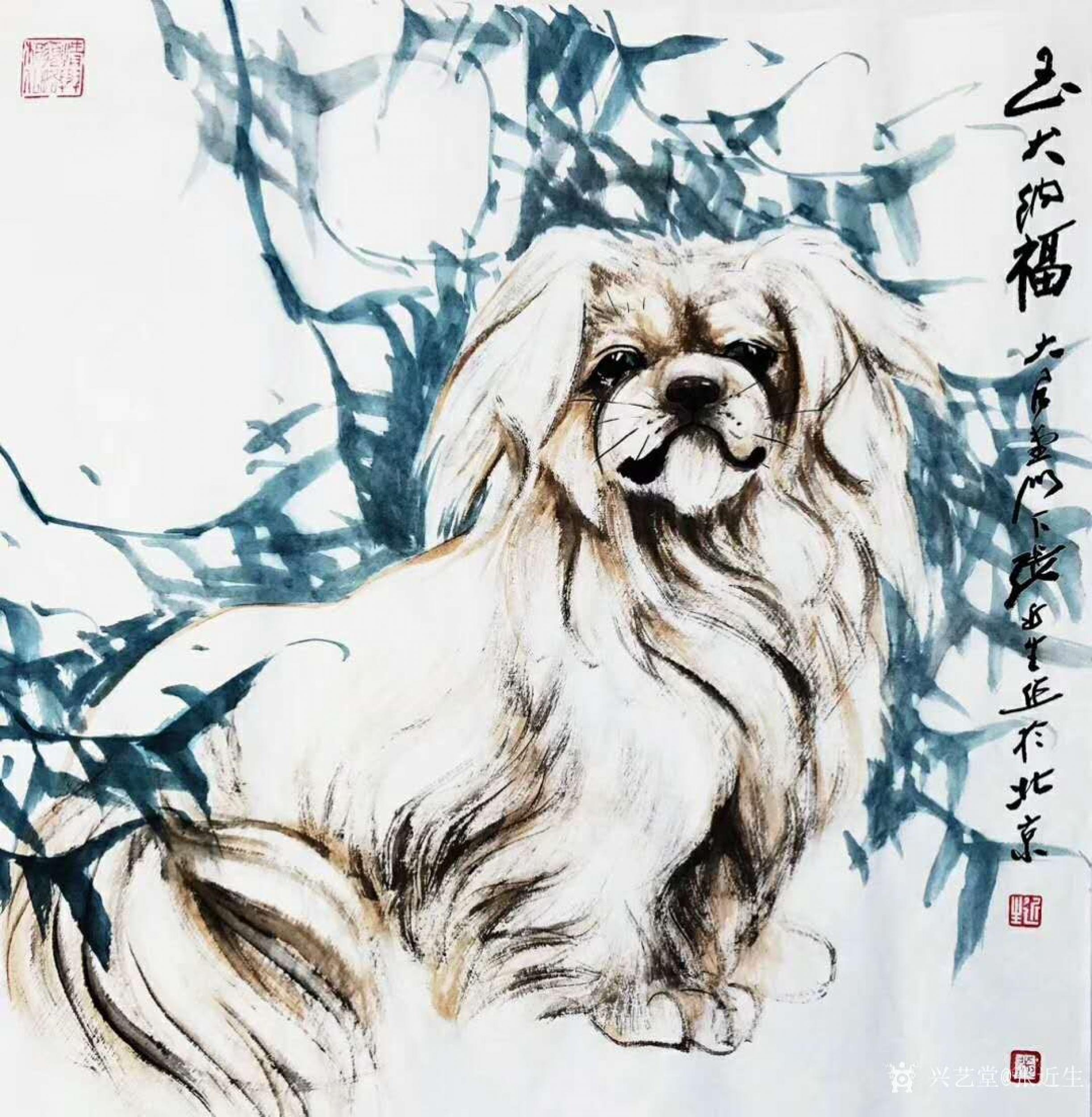 张近生日志-国画动物画狗狗系列作品:《独立院外静悄然 暮色既临忧思