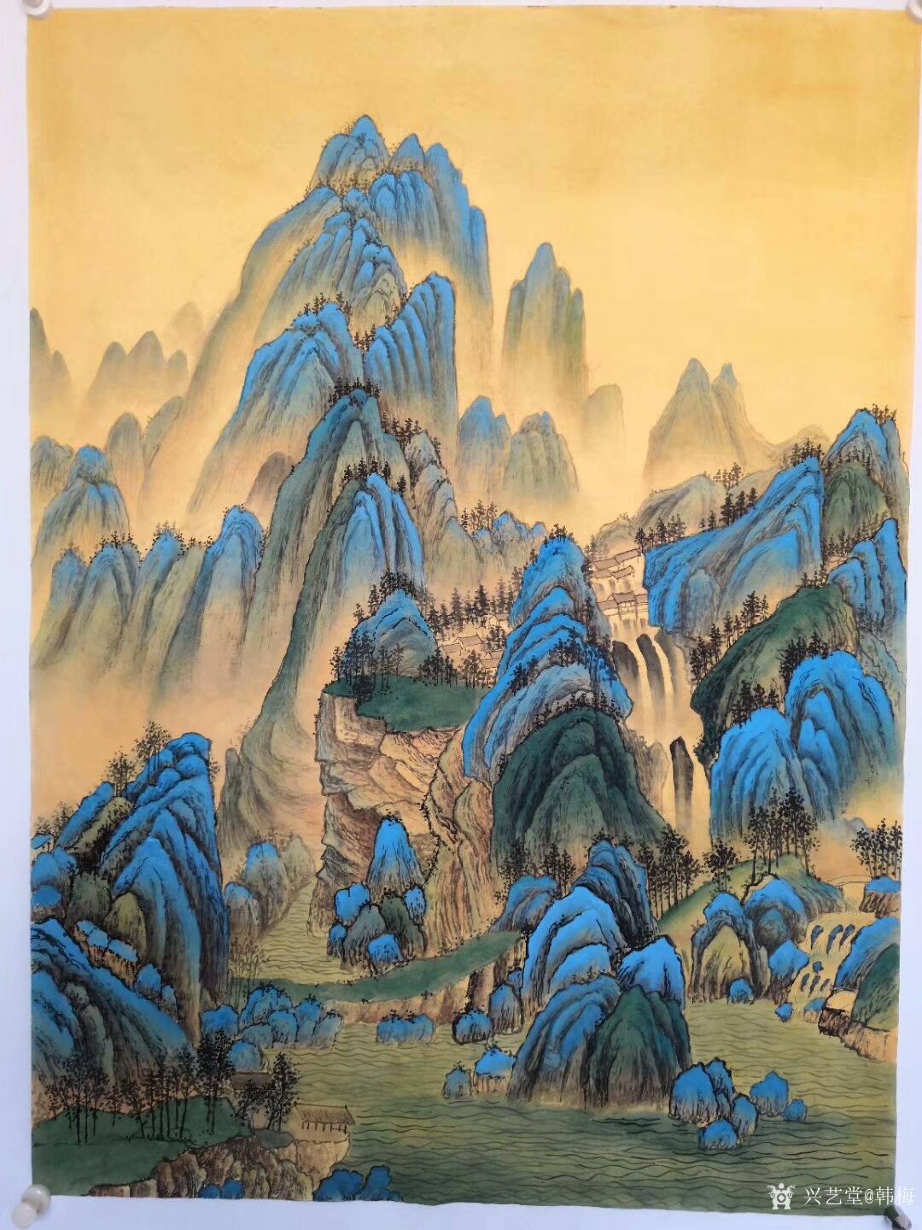 韩梅日志-国画彩墨山水画《千里江山》己完成;四尺整张工笔花鸟画《双