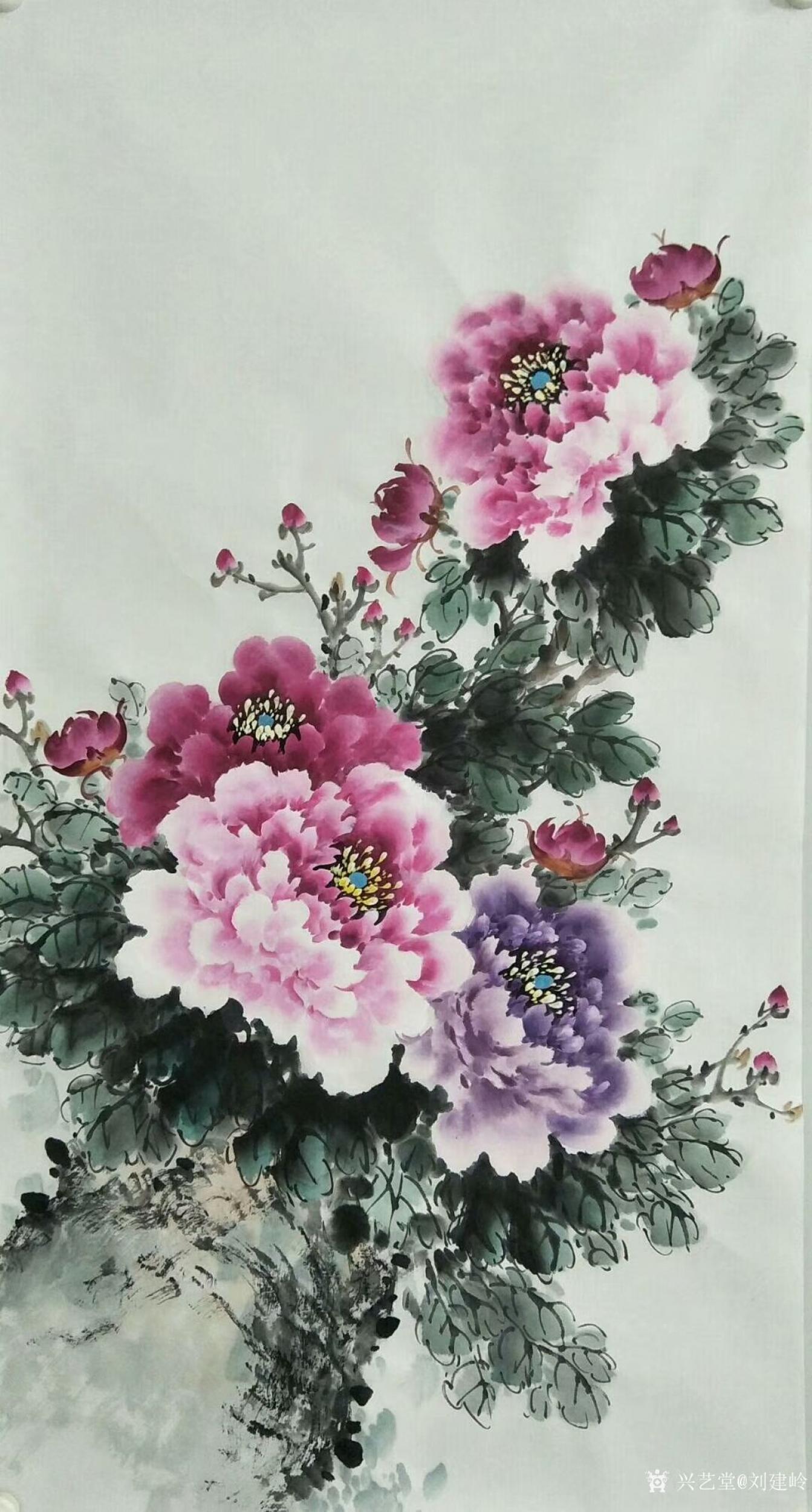 牡丹系列作品《美丽双滦》《紫气东来》,尺寸三尺整张竖幅50x100cm