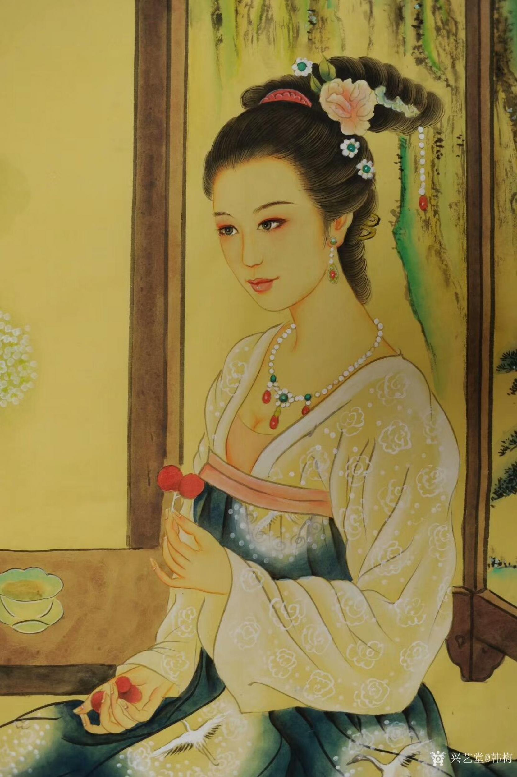 韩梅日志-国画人物工笔画《仕女图》美女吃荔枝,尺寸四尺竖幅68x138