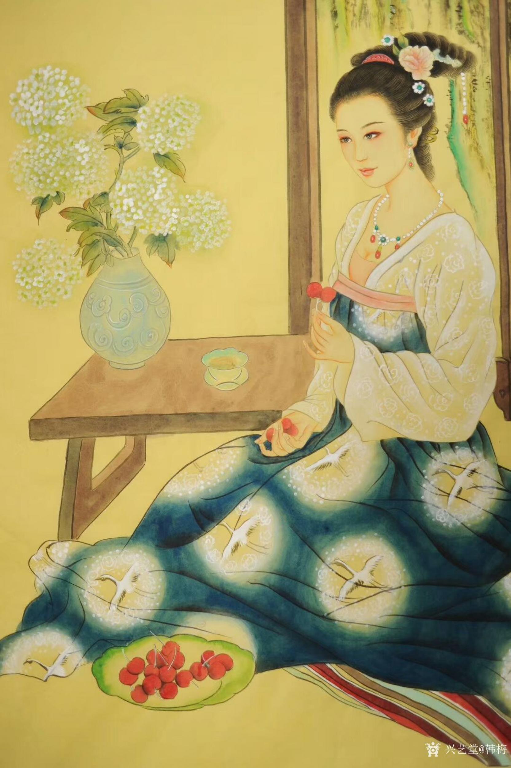 韩梅日志-国画人物工笔画《仕女图》美女吃荔枝,尺寸四尺竖幅68x138
