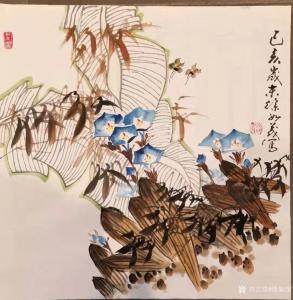艺术品图片：艺术家徐如茂国画作品名称《花鸟-竹芭蕉喇叭花》价格800.00 元