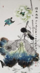 艺术品图片：艺术家李伟强国画作品名称《烟雨荷花》议价