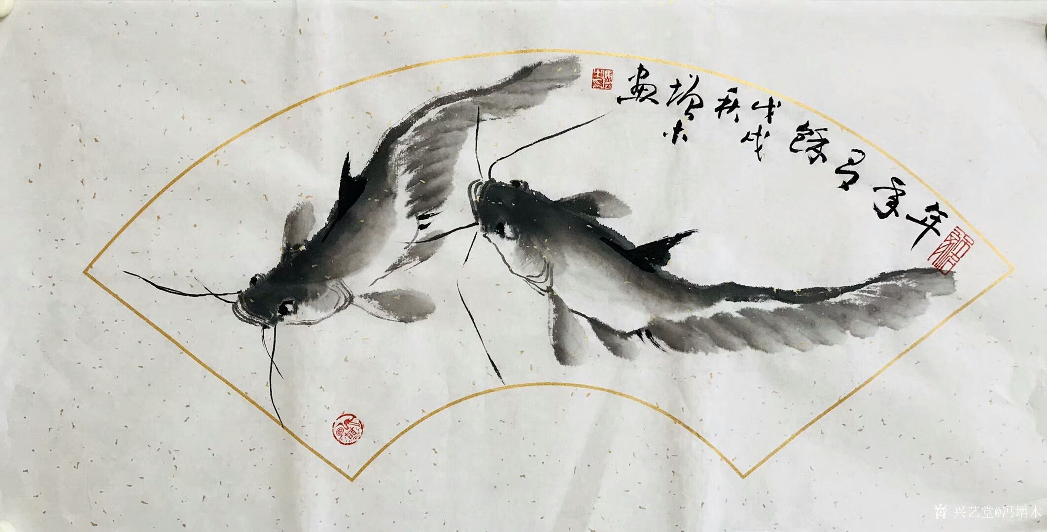 馮增木日記-近作小品斗方扇面國畫魚作品選發,《春風得意》,《富貴圖