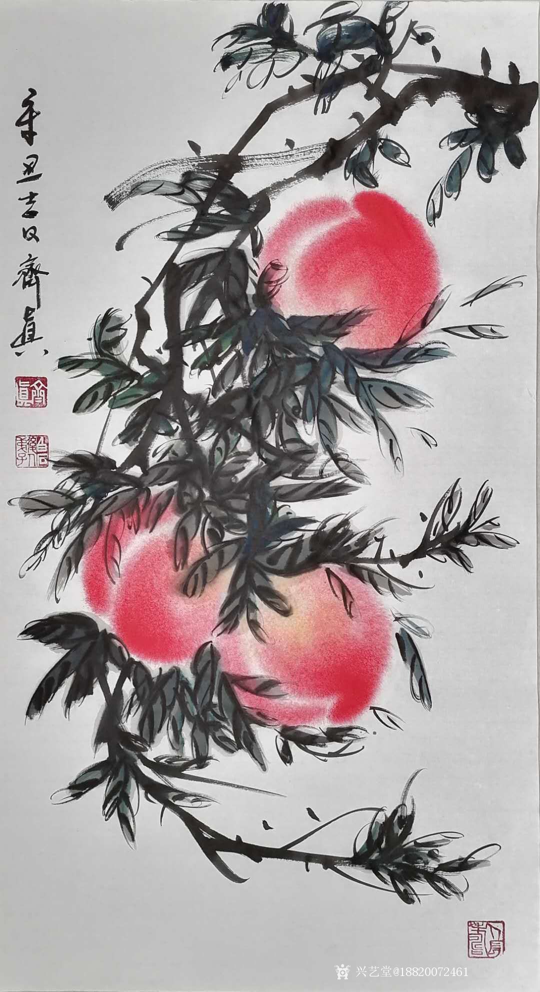 国画花鸟画作品《桃》,尺寸91cm×51cm,作者江南