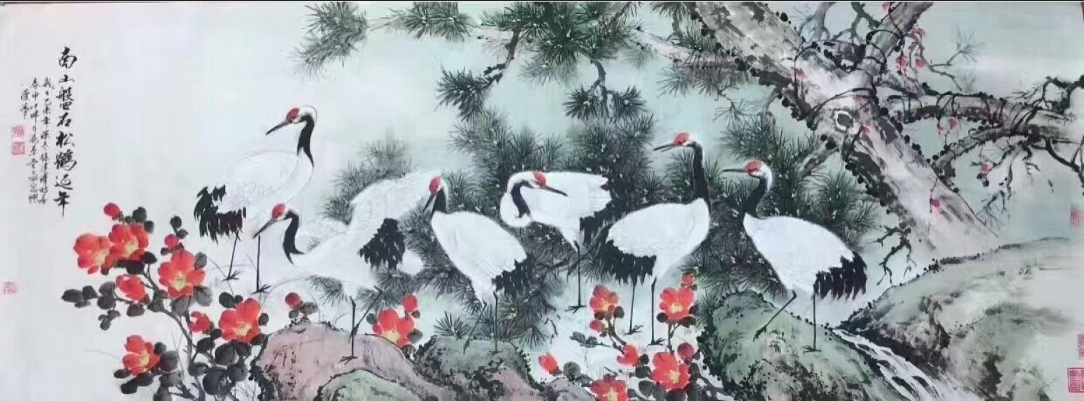 徐建清国画作品《南山磐石松鹤延年》