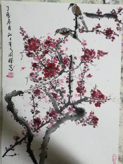 李同辉日记-昨夜寒风起，梅花数枝开。为朋友画的册页国画《喜上眉梢》【图1】