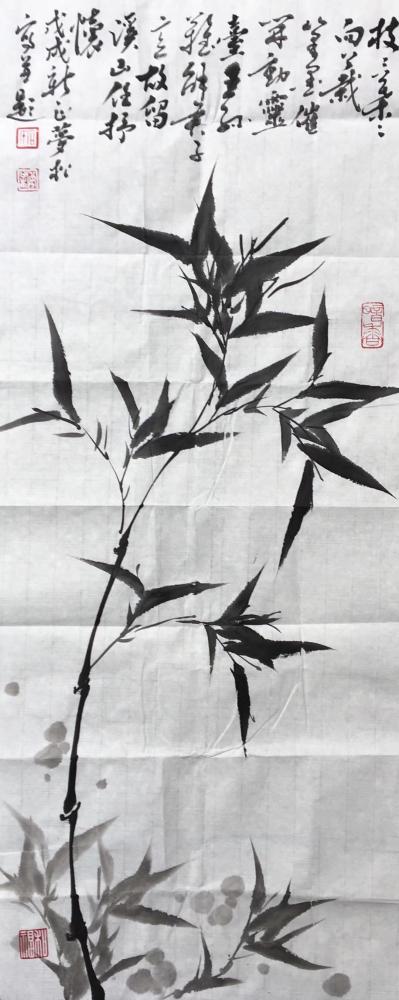 石梦松日记-枝枝叶叶向上栽，笔墨催开动灵台。王孙难解君子意，故留溪山任抒怀。石梦松国画作品【图1】