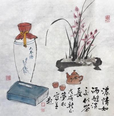 石梦松日记-浓情如酒醇，淡交似茶香。石梦松国画作品【图1】