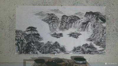 张喜才日记-国画山水画作品《松风泉映》，尺寸六尺97x180cm创作完成。【图1】