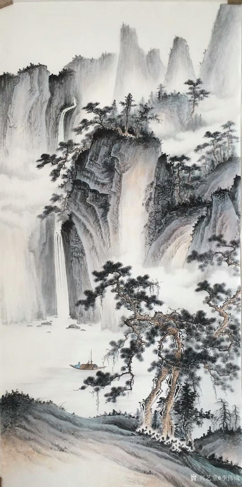 李伟成国画作品《山涧垂钓》