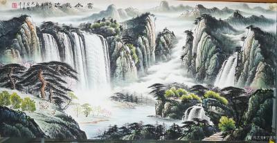 宁建华日记-国画彩墨山水画《富水长流》，尺寸四尺，配局部图，请老师们看看有五只小鸡在那里？【图1】