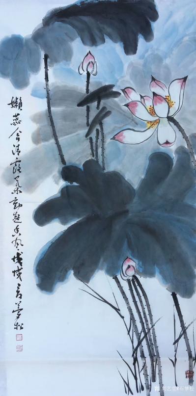 石梦松日记-国画《荷花》，诗曰：嫩蕊含清露，叶动起香风。尺寸68*139cm【图1】