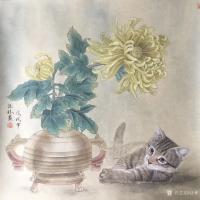 艺术家汪林日记:工笔画《红运当头》完成，尺寸60x40cm；《菊花与猫》尺寸【图2】