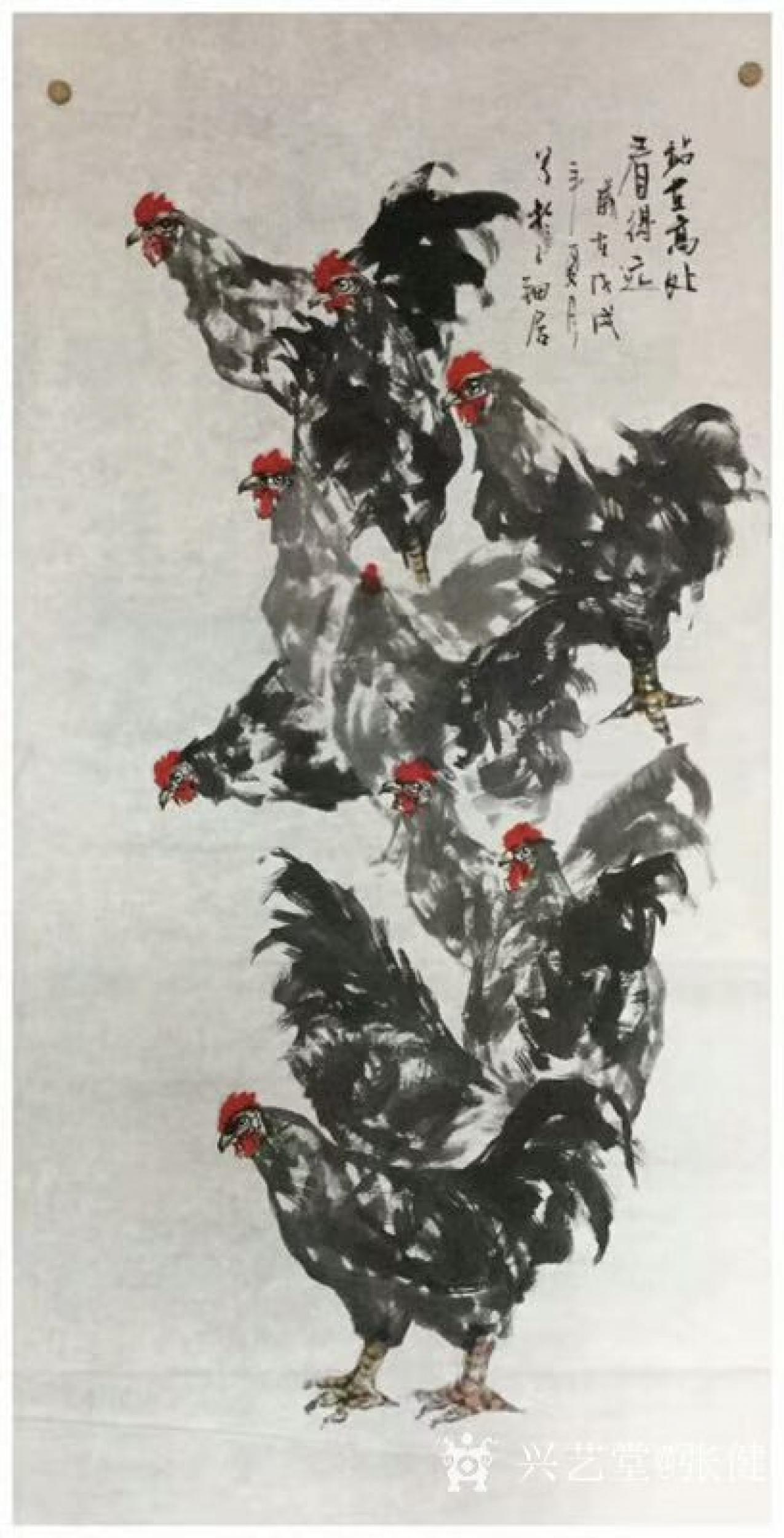 张健日志《站在高处看得远》国画动物画鸡系列作品,68x138cm,请【图1