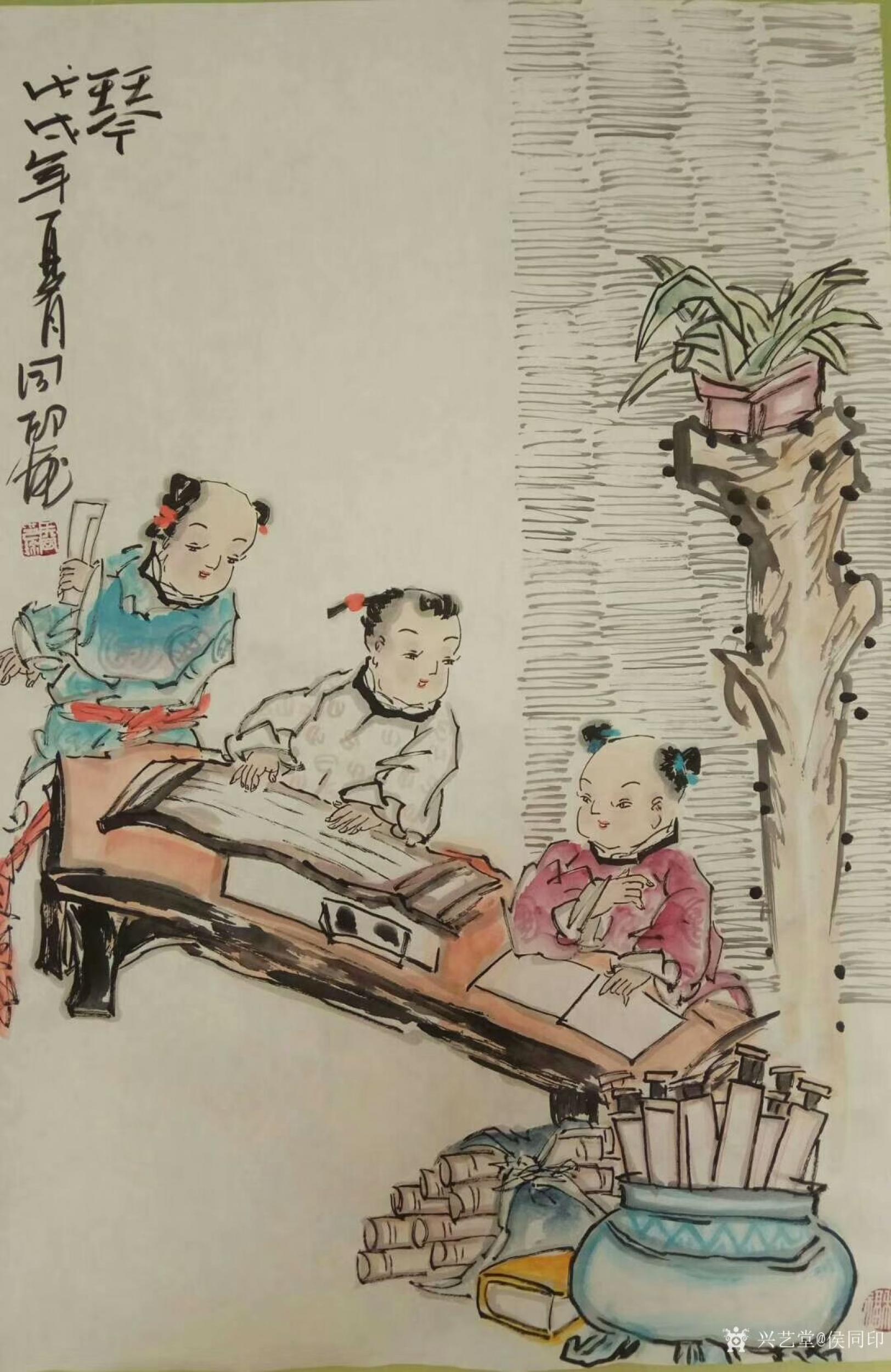 侯同印日志-国画人物画儿童系列作品《琴《棋《书《画,尺寸四