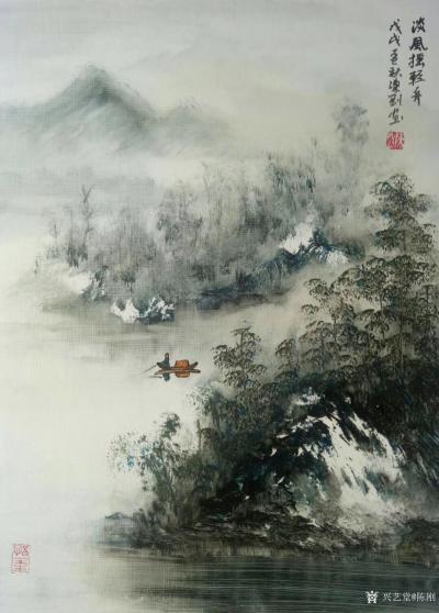 陈刚日记-《淡风摇轻舟》，《高坐泛轻舟》国画风景人物画泛舟系列新作两幅，尺寸60×80cm【图2】