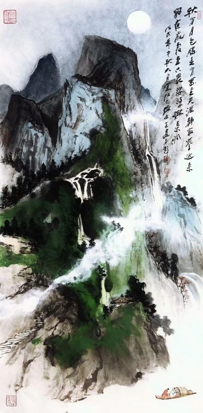 张近生日记-最新原创泼墨彩色国画山水画《秋宵月色胜春宵，万里天涯静寂寥。近来数夜飞霜重，只畏【图4】