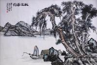 艺术家吴谦弘日记:国画山水画《秋江垂钓》，绫面镜片，画芯约高68.5宽101.【图0】