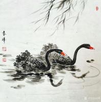 艺术家袁峰日记:国画花鸟画《黑天鹅》三幅，尺寸68x68cm，祝福成双成对，【图2】