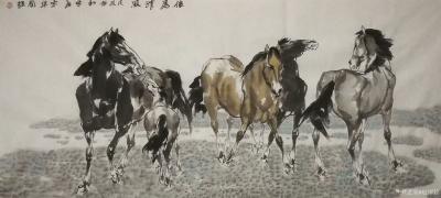 赵国毅日记-国画骏马作品四幅《骏马清风》，创作时间戊戍年初冬，尺寸四尺横幅68x138cm；【图1】